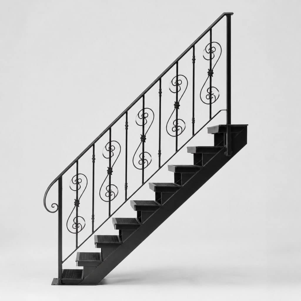 Escalier extérieur en fer forgé présenté seul, fond neutre