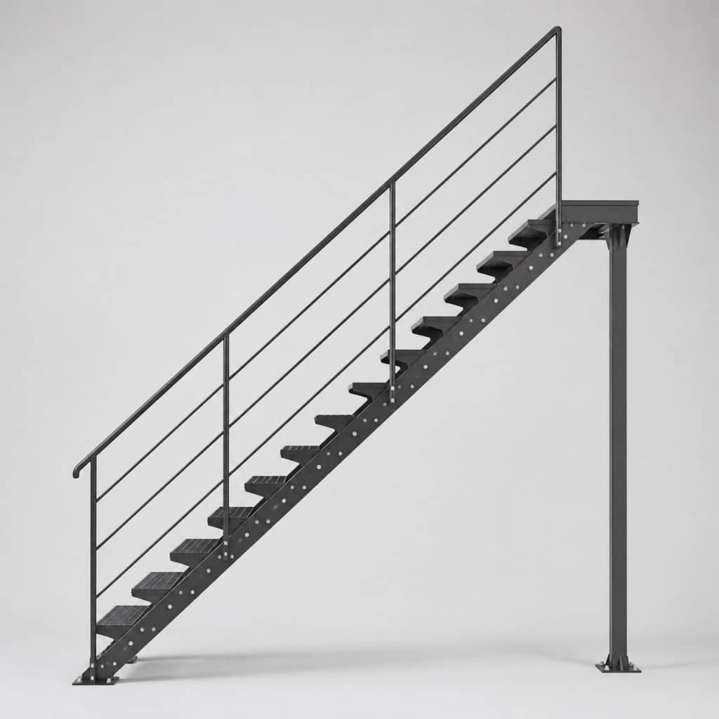 Escalier extérieur métallique à claire-voie présenté seul, fond neutre
