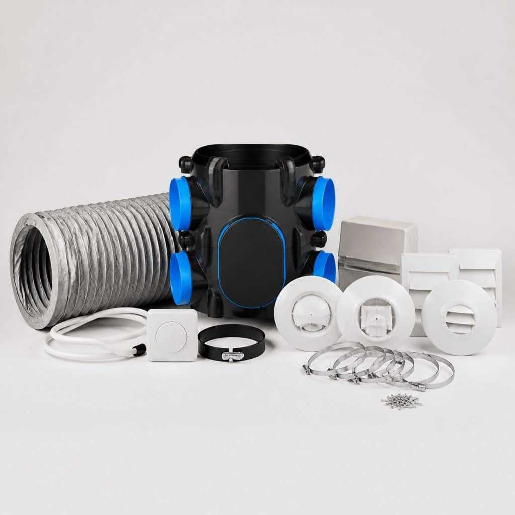 Kit VMC hygroréglable complet présenté seul, fond neutre