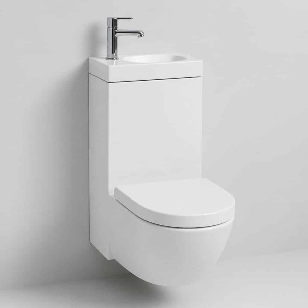 WC suspendu avec lave-main intégré présenté seul, fond neutre