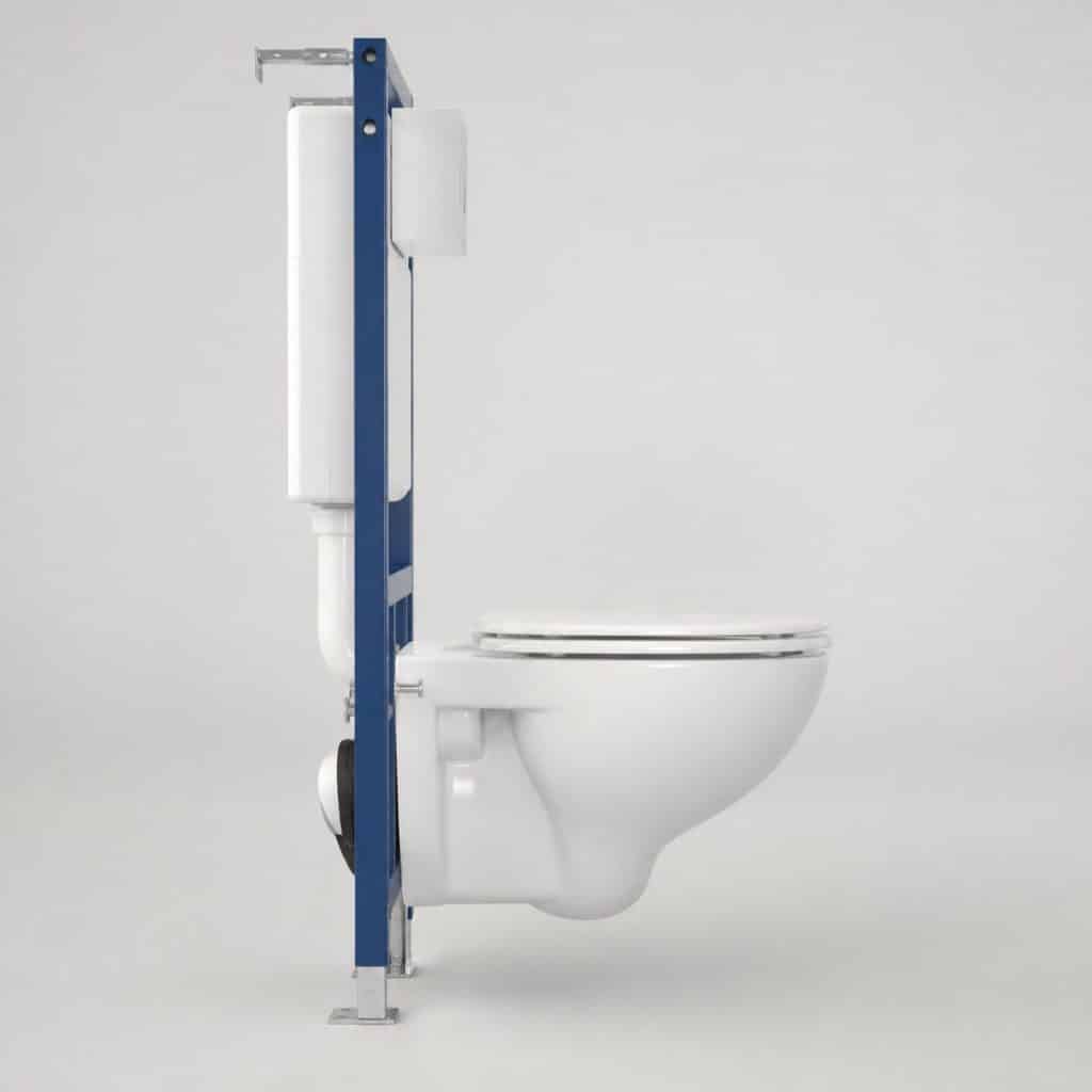 WC suspendu pack complet bâti-support présenté seul, fond neutre